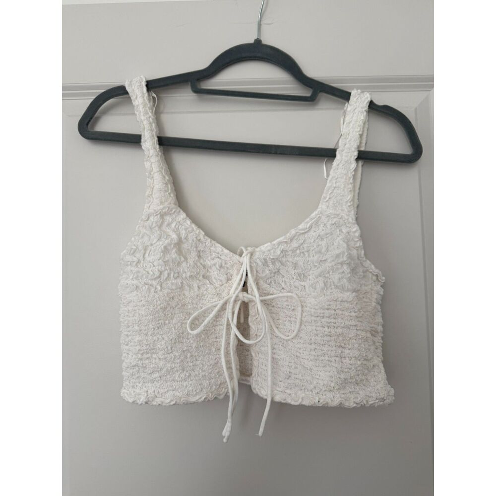 Zara Size S White Summer Top - Tie Front & Textured Bodice